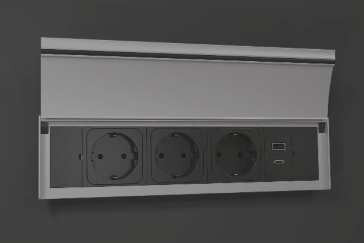 ASA 06039E00009 Vestavná zásuvková jednotka s krytem VERSALID 3x230V, 1xUSB 5V (nabíječka: typ A+C), kabel GST 0,2m, hliník ASA 06039E00009 Vestavná zásuvková jednotka s krytem VERSALID 3x230V, 1xUSB 5V (nabíječka: typ A+C), kabel GST 0,2m, hliník